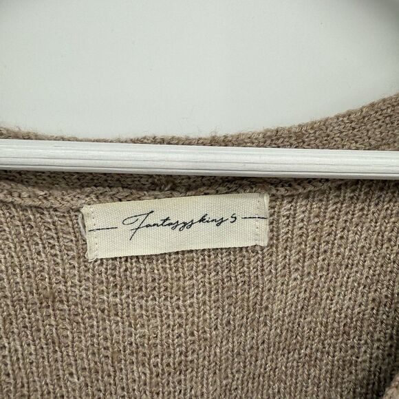 Fantasy Tan V Neckline Sweater Size Small Ribbon Detail Boho Small Wool Blend - Picture 4 of 8
